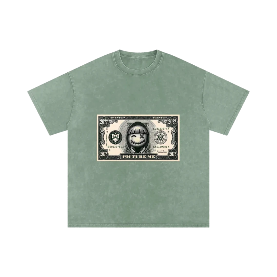 Green dollar bill graphic tee — front, spoof PM banknote graphic across the chest