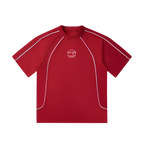 Lightning red away kit — front, white piped raglan seams with a tonal PM smiley