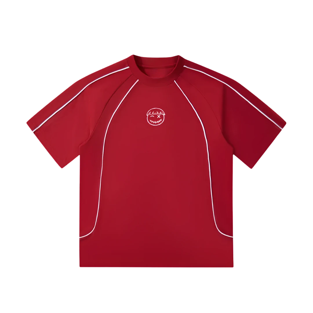 Lightning red away kit — front, white piped raglan seams with a tonal PM smiley