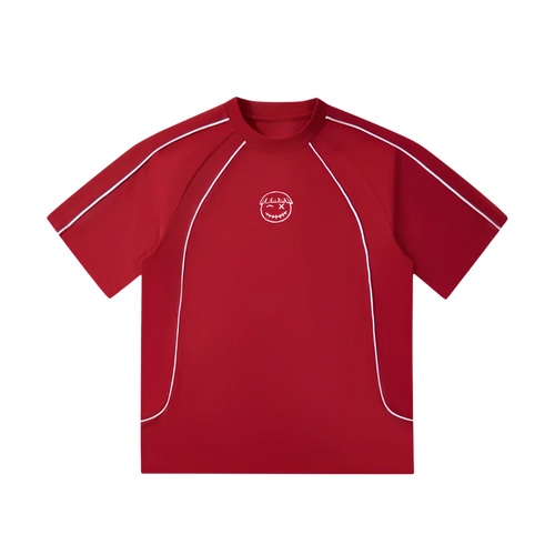Lightning red away kit — front, white piped raglan seams with a tonal PM smiley