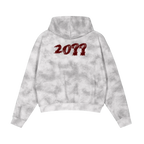 Marble zip hoodie — back, brand's tonal "20??" print in blood red