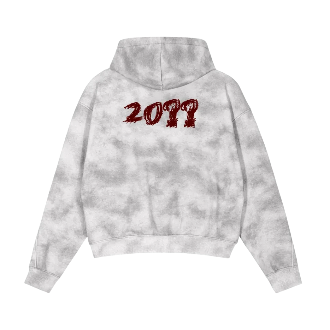 Marble zip hoodie — back, brand's tonal "20??" print in blood red