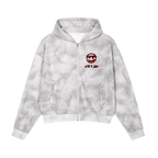 Marble zip hoodie — front, cloud-marble dye with a blood-red PM smiley and "till i die" script