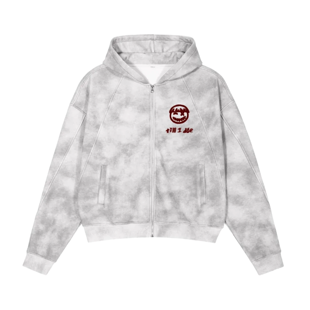 Marble zip hoodie — front, cloud-marble dye with a blood-red PM smiley and "till i die" script