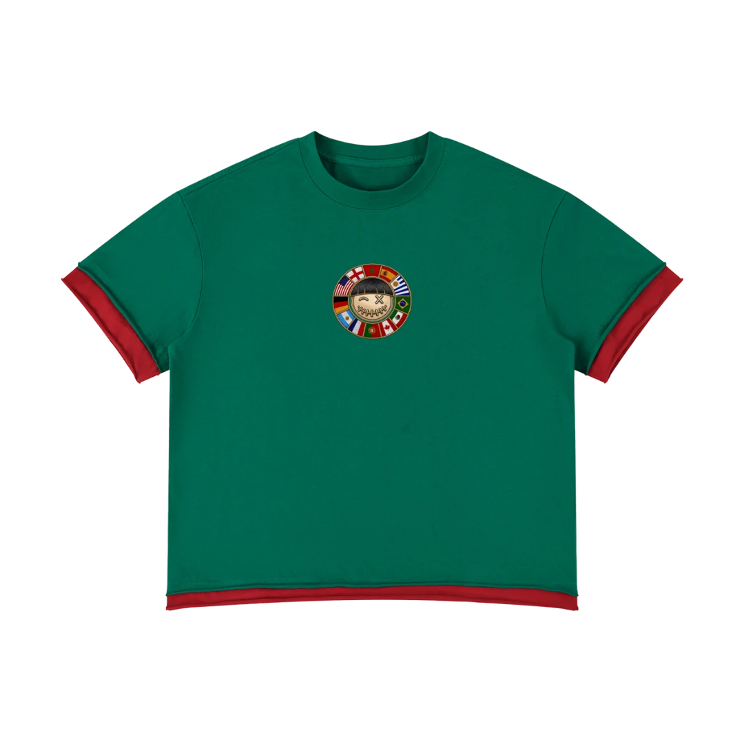 Mexico retro soccer jersey tee — front, red ringer trim with a world-flag crest