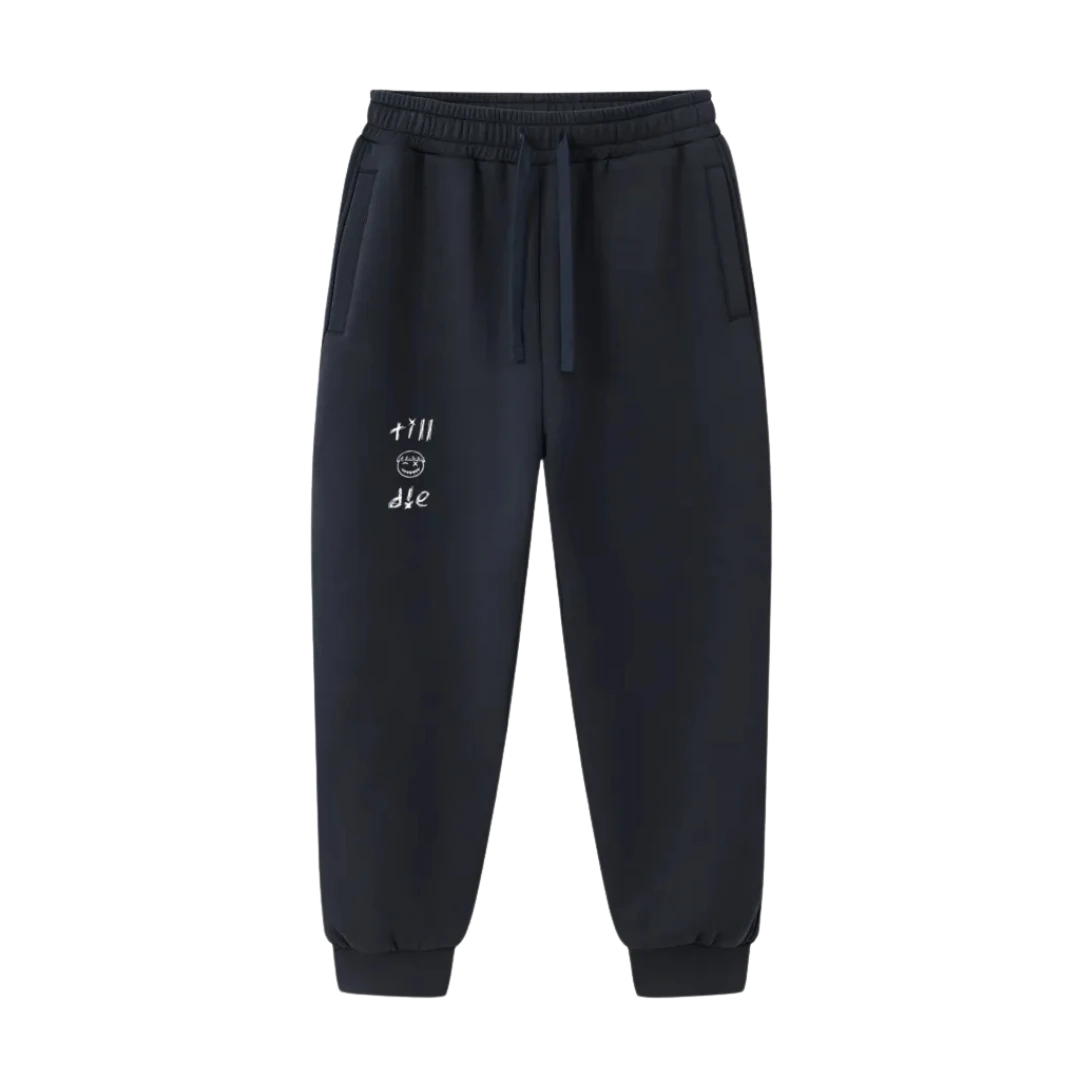 Navy graphic joggers — front, plain front