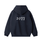 Navy half smile zip hoodie — back, brand's tonal "20??" print