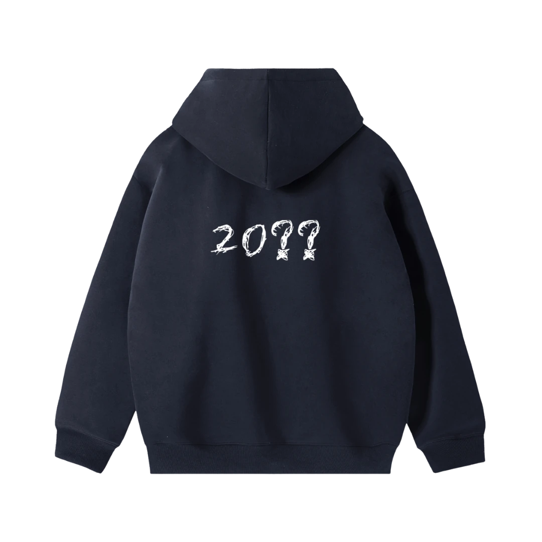 Navy half smile zip hoodie — back, brand's tonal "20??" print