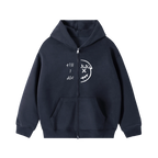 Navy half smile zip hoodie — front, half PM smiley split by the front zipper