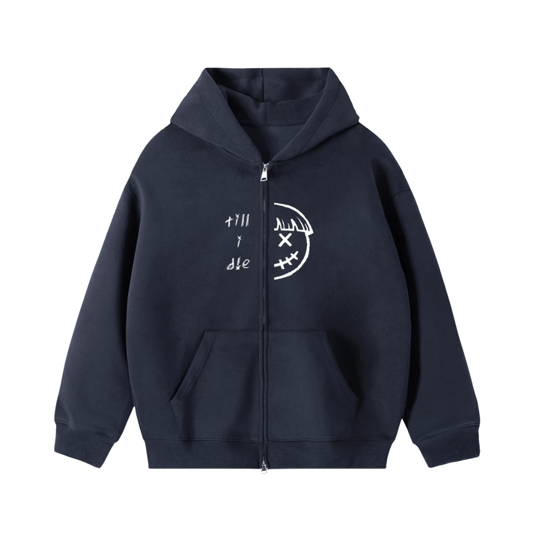 Navy half smile zip hoodie — front, half PM smiley split by the front zipper