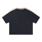 Navy waffle knit polo — back, plain back with matching trim
