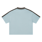 Ocean blue waffle knit polo — back, plain back with matching trim