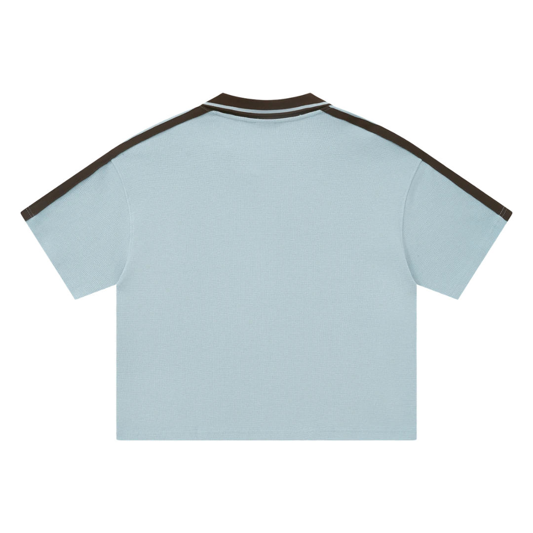Ocean blue waffle knit polo — back, plain back with matching trim