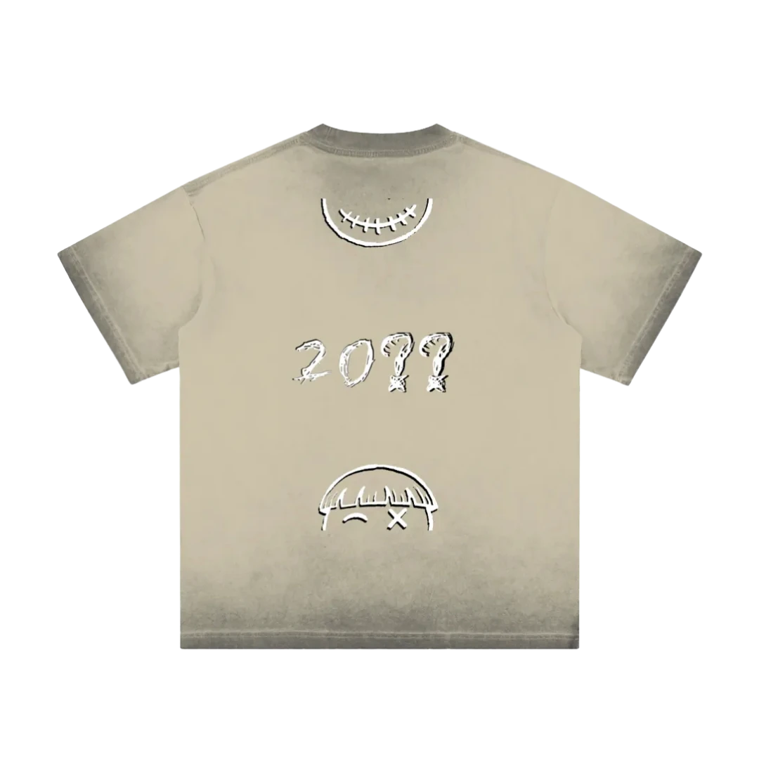 Outland khaki graphic tee — back, fragmented PM smiley pieces and a "20??" mark