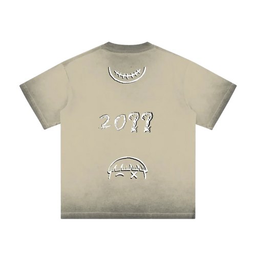 Outland khaki graphic tee — back, fragmented PM smiley pieces and a "20??" mark