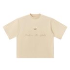 Oversized washed cotton tee — front, PM face logo and "Picture Me Wrld" script print