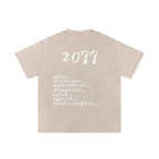 Pale apricot final cut tee — back, full hand-scrawled movie credits roll