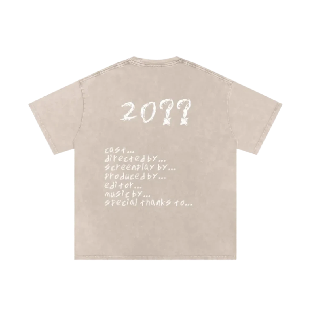 Pale apricot final cut tee — back, full hand-scrawled movie credits roll
