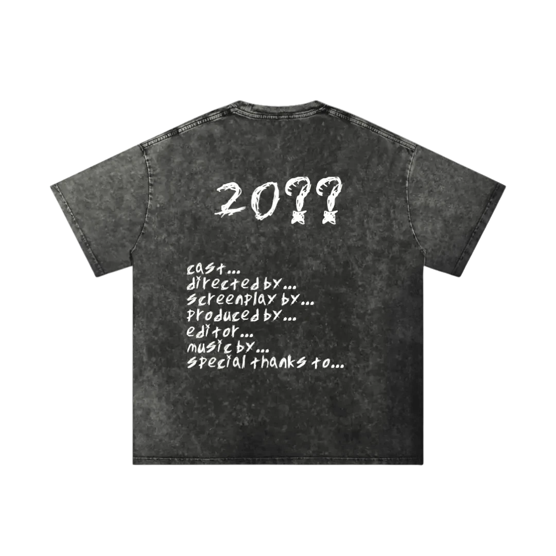 Phantom black final cut tee — back, full hand-scrawled movie credits roll