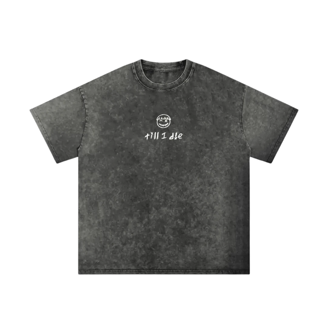 Phantom black final cut tee — front, PM smiley and "till i die" script on the chest