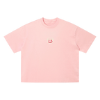 Pink drop shoulder tee — front, tonal PM smiley patch on the chest