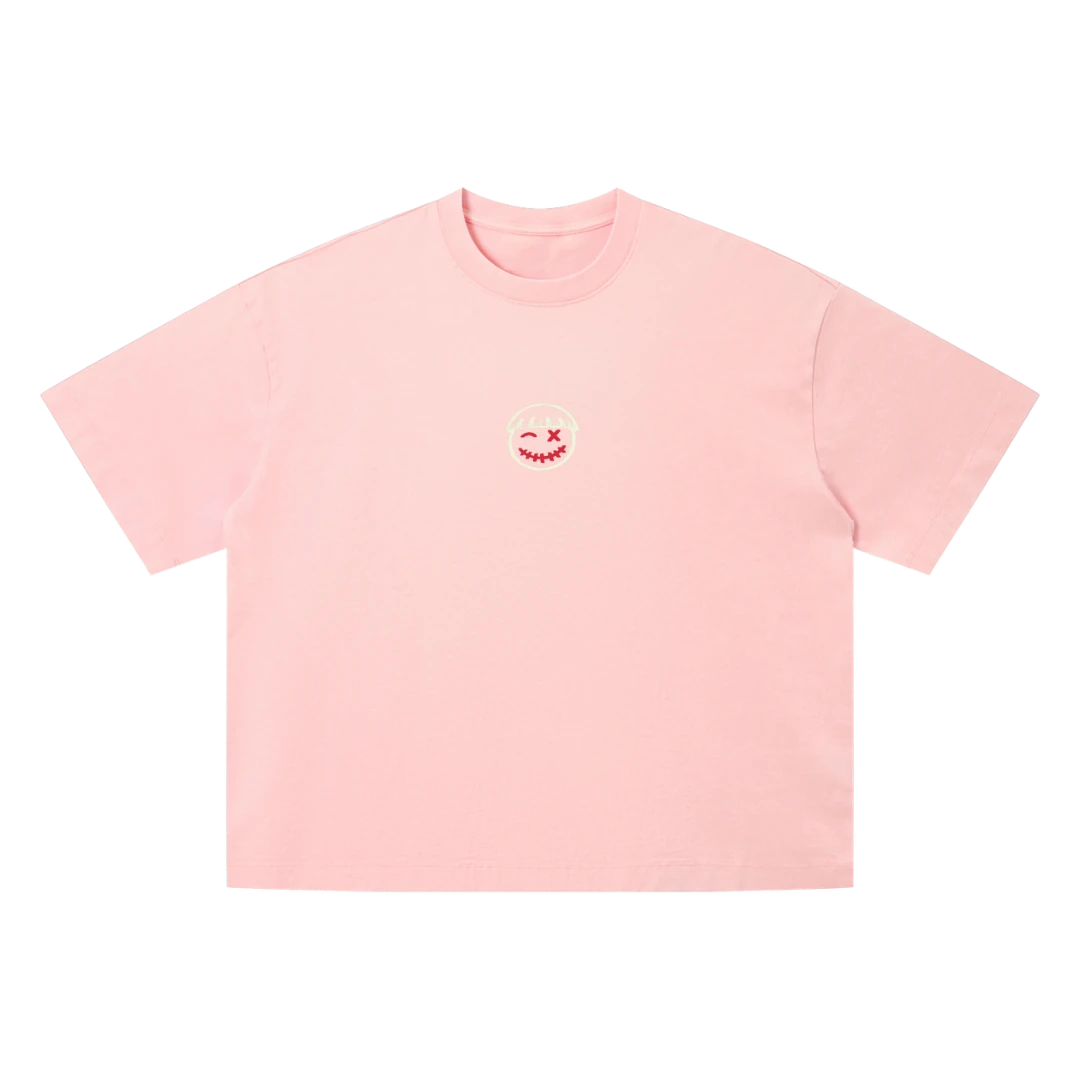 Pink drop shoulder tee — front, tonal PM smiley patch on the chest