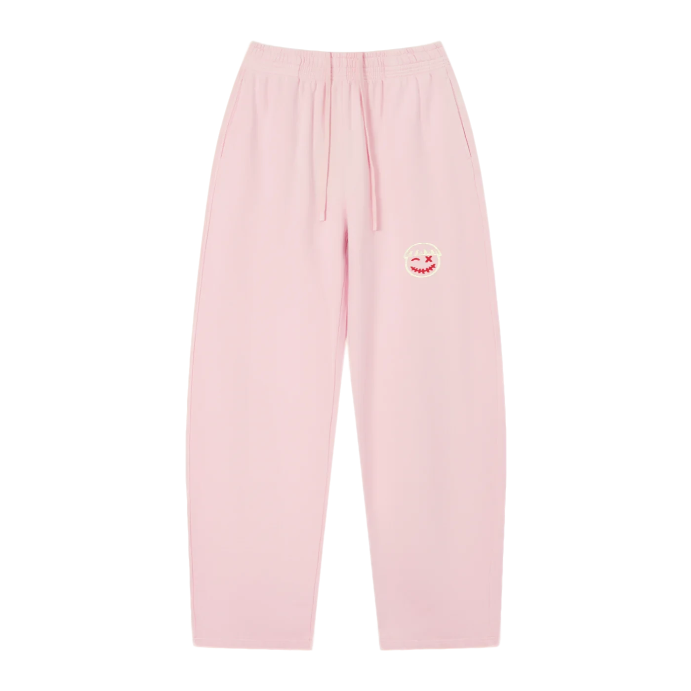 Pink wide-leg sweatpants — front, tonal PM smiley patch on the hip