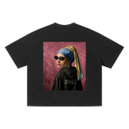 PM earring graphic tee — back, full "Girl with a Pearl Earring" portrait parody print