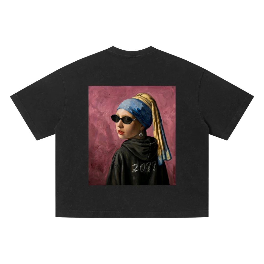 PM earring graphic tee — back, full "Girl with a Pearl Earring" portrait parody print