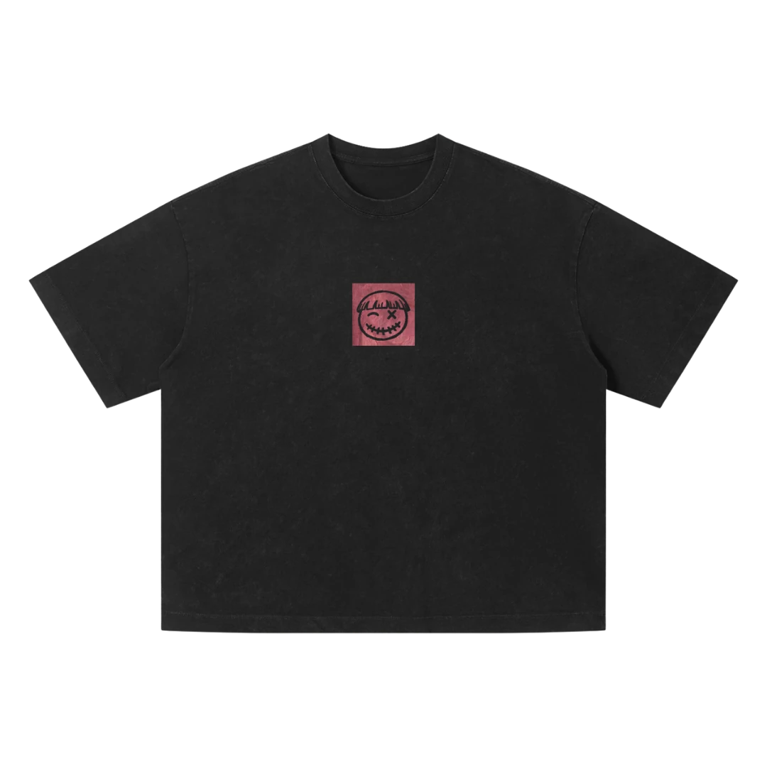 PM earring graphic tee — front, PM smiley framed in a small square on the chest