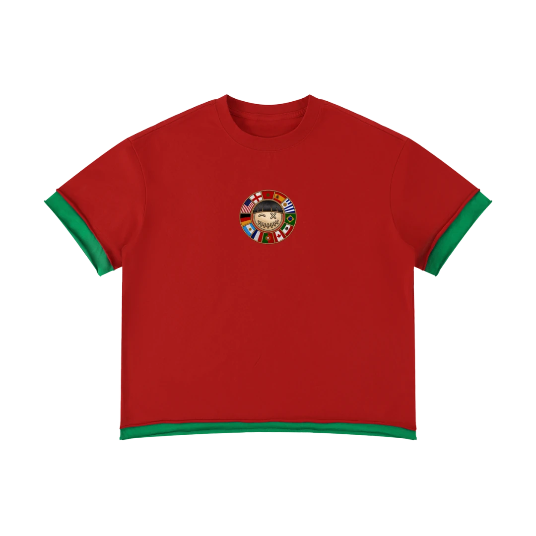 Portugal retro soccer jersey tee — front, green ringer trim with a world-flag crest