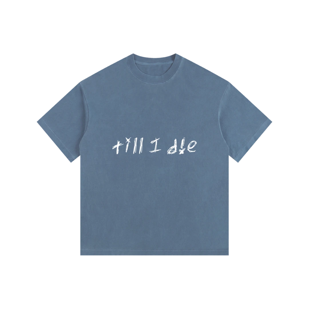 Royal blue graphic tee — front, hand-scrawled "till i die" script on the chest