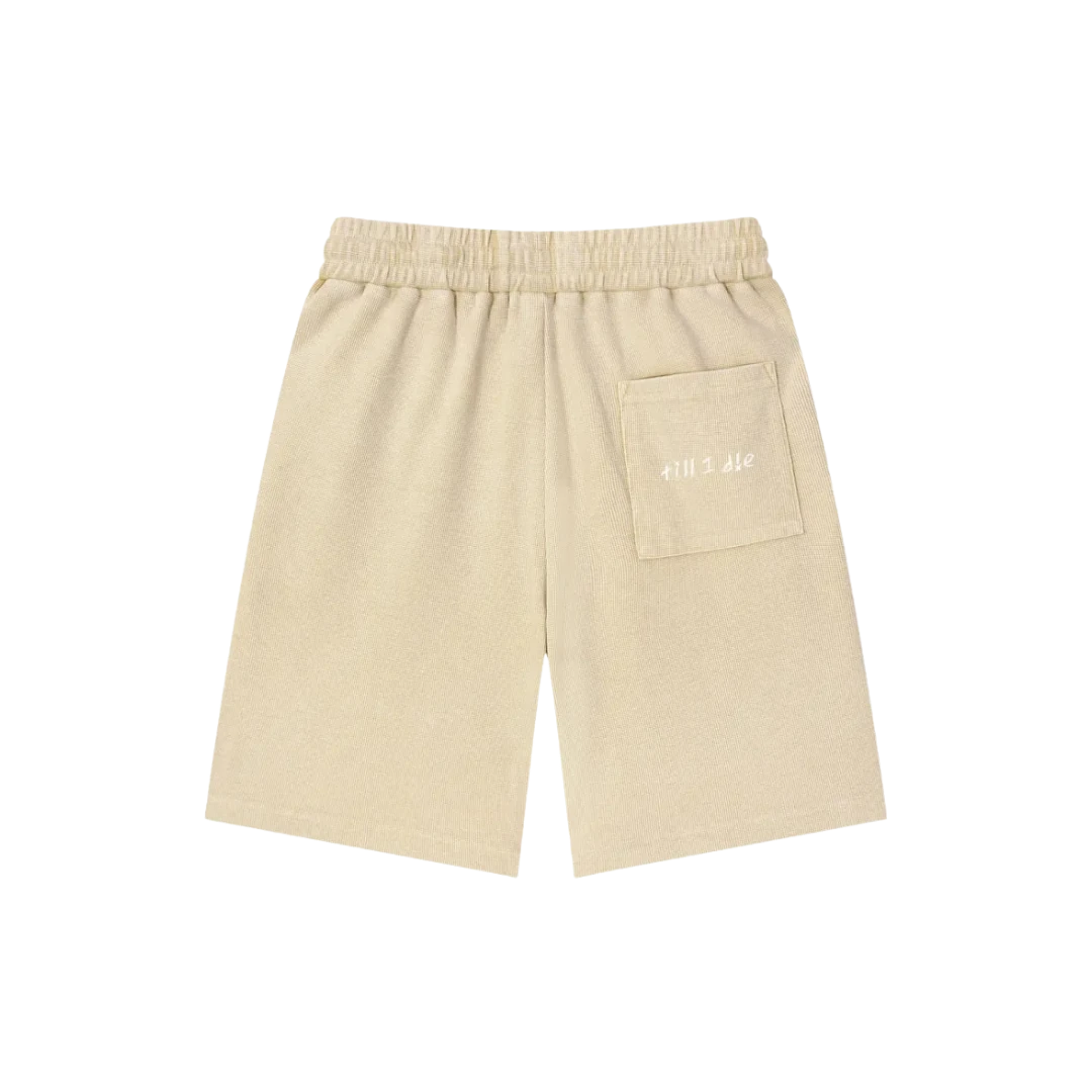 Safari sand snow wash shorts — back, "till i die" script embroidered on the back pocket