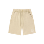Safari sand snow wash shorts — front, tonal PM smiley patch on the hip