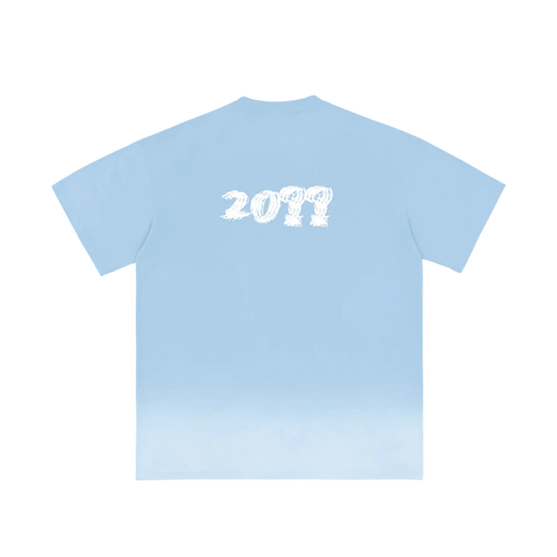 Sky blue ombre graphic tee — back, brand's tonal "20??" print
