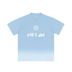 Sky blue ombre graphic tee — front, sky-blue ombre fade with the PM smiley and "till i die" script