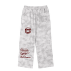 Smoke gray marble sweatpants — back, blood-red PM smiley and full movie credits roll