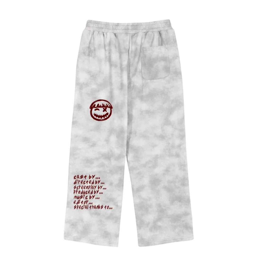 Smoke gray marble sweatpants — back, blood-red PM smiley and full movie credits roll