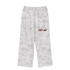Smoke gray marble sweatpants — front, blood-red "till i die" script on the thigh