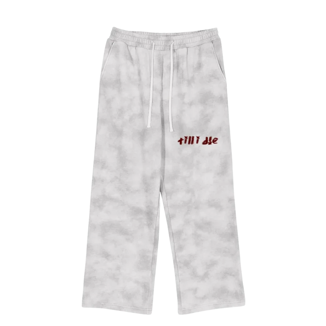Smoke gray marble sweatpants — front, blood-red "till i die" script on the thigh