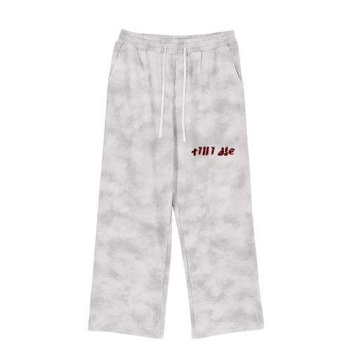 Smoke gray marble sweatpants — front, blood-red "till i die" script on the thigh