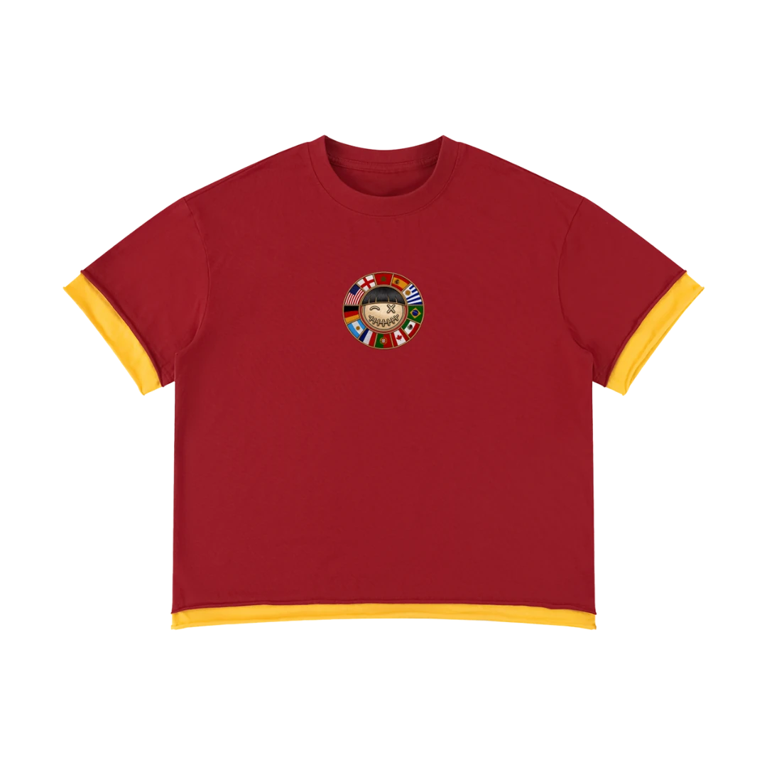 Spain retro soccer jersey tee — front, gold ringer trim with a world-flag crest