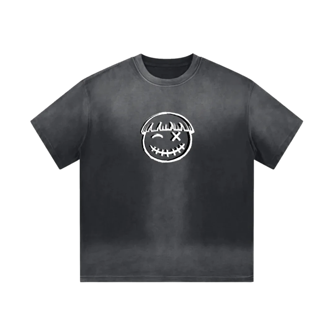 Storm black smiley tee — front, oversized PM smiley outline on the chest