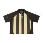 Striped mesh soccer jersey — front, cream and espresso stripes with a contrast collar