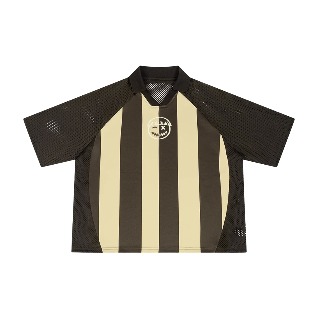 Striped mesh soccer jersey — front, cream and espresso stripes with a contrast collar