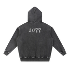 Washed black pullover hoodie — back, brand's tonal "20??" print
