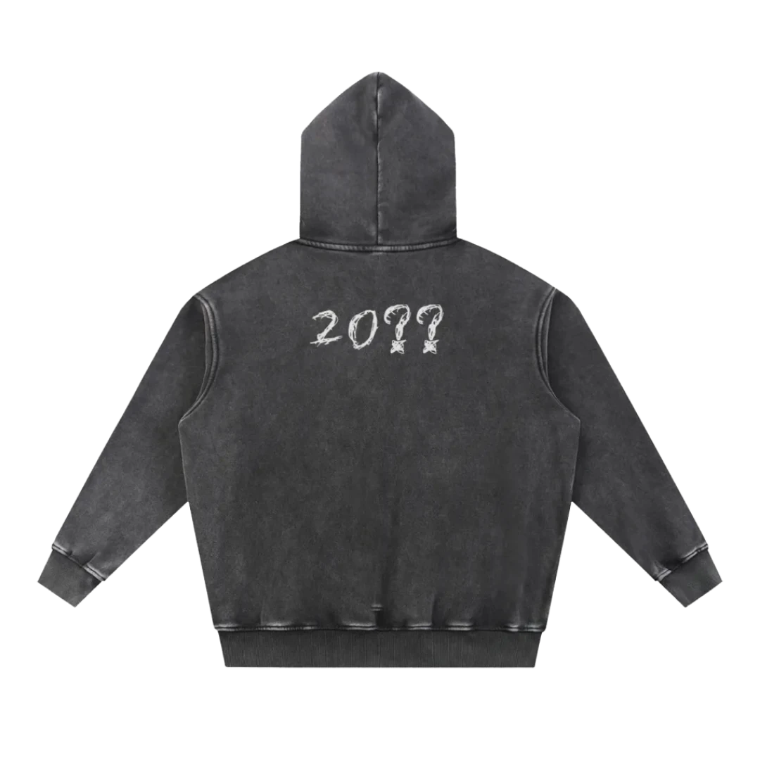 Washed black pullover hoodie — back, brand's tonal "20??" print