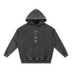 Washed black pullover hoodie — front, "till / i / die" stacked print with the PM smiley