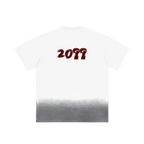 White ombre graphic tee — back, brand's tonal "20??" print in blood red