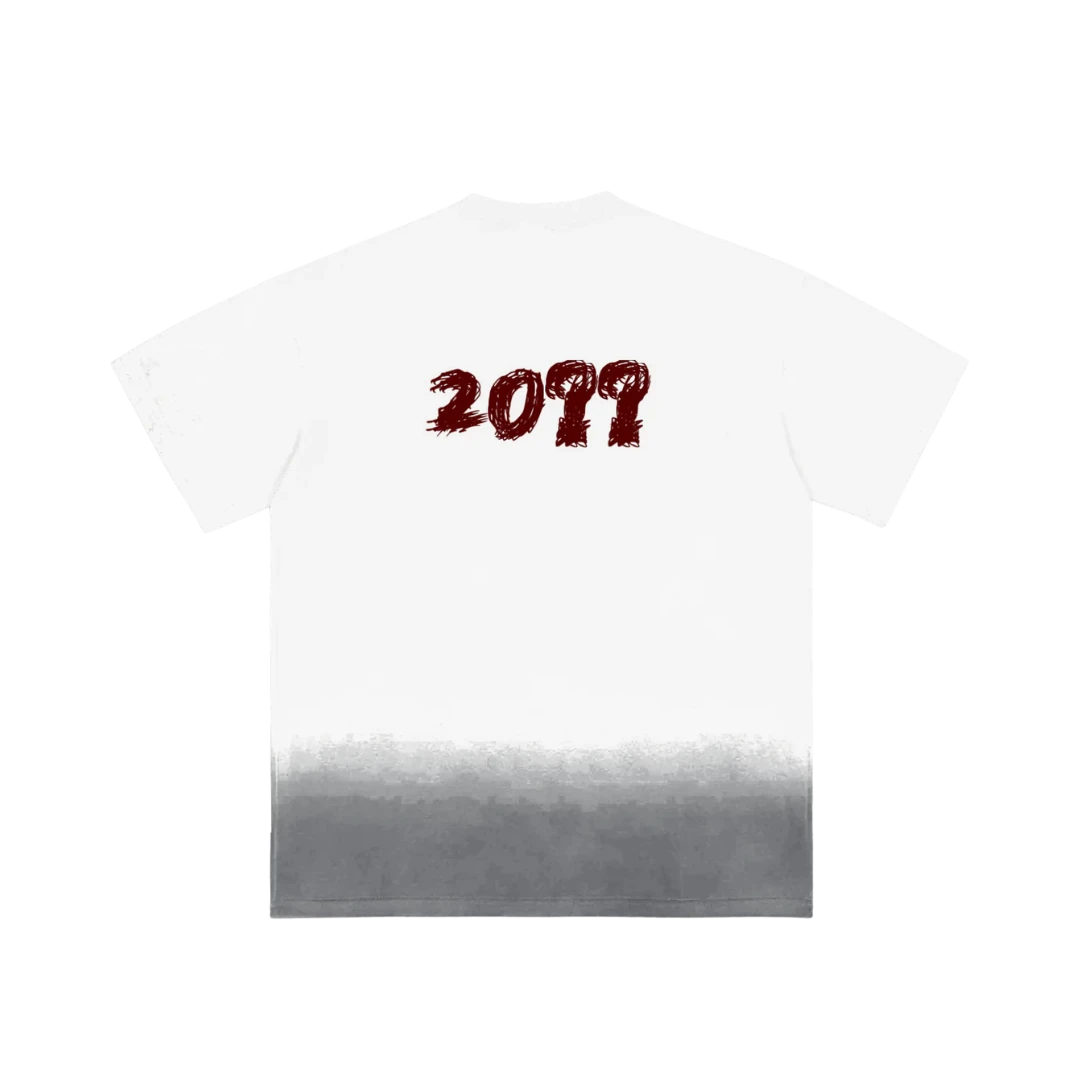 White ombre graphic tee — back, brand's tonal "20??" print in blood red